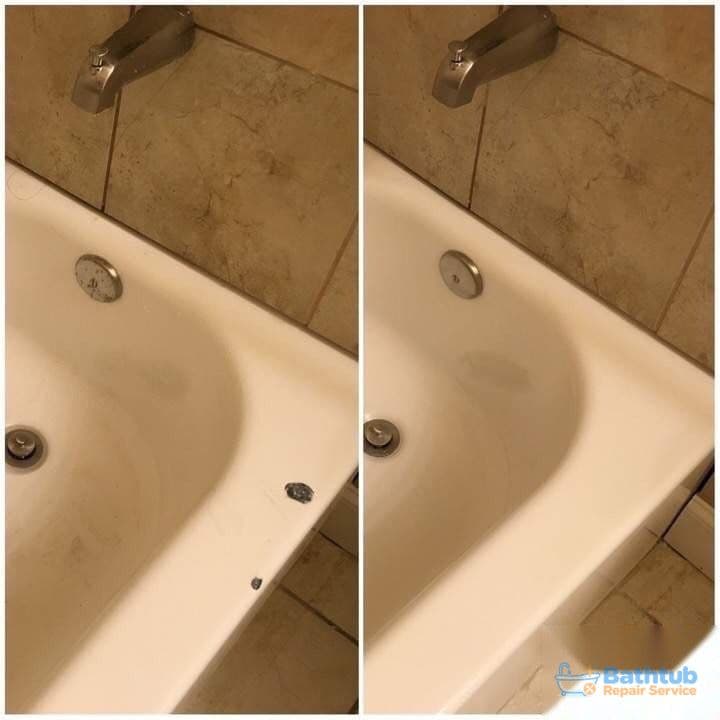 Bathtub chip repair, before and after, in Flower Mound, TX